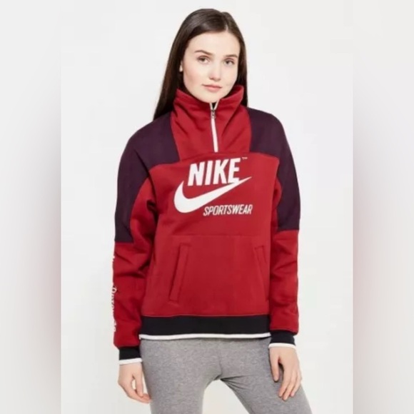 Nike Archive Half Zip Pullover Sweatshirt In Burgundy | Size Small - Picture 2 of 13